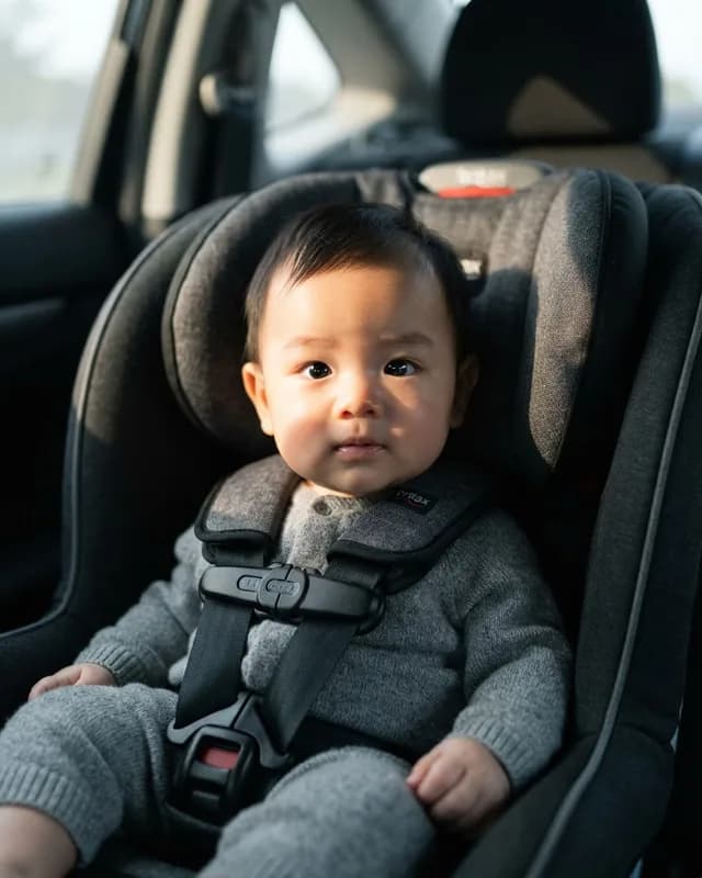 Rejected passport photo example — Shadow and car seat: The car seat and a hard shadow are visible behind the head.