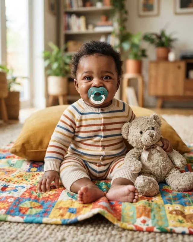 Rejected passport photo example — Dummy and toy: Pacifiers, toys and blankets with patterns are all rejected.