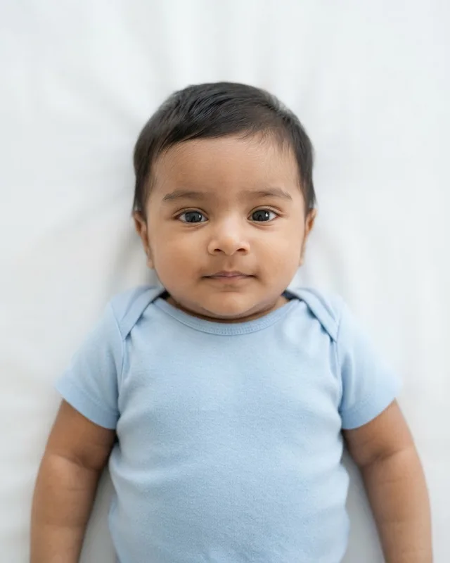 Accepted passport photo example — Accepted: Baby alone on a plain white sheet, photographed from directly above, eyes open, face to camera, nothing else in frame.